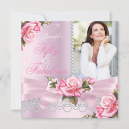 Invitación Pink Fabulous 50 Rosas Bow Pearls Photo Birthday