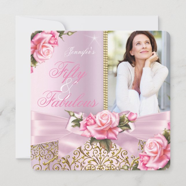 Invitación Pink Fabulous Fiesta de cumpleaños de 50 Rosas Bow (Anverso)
