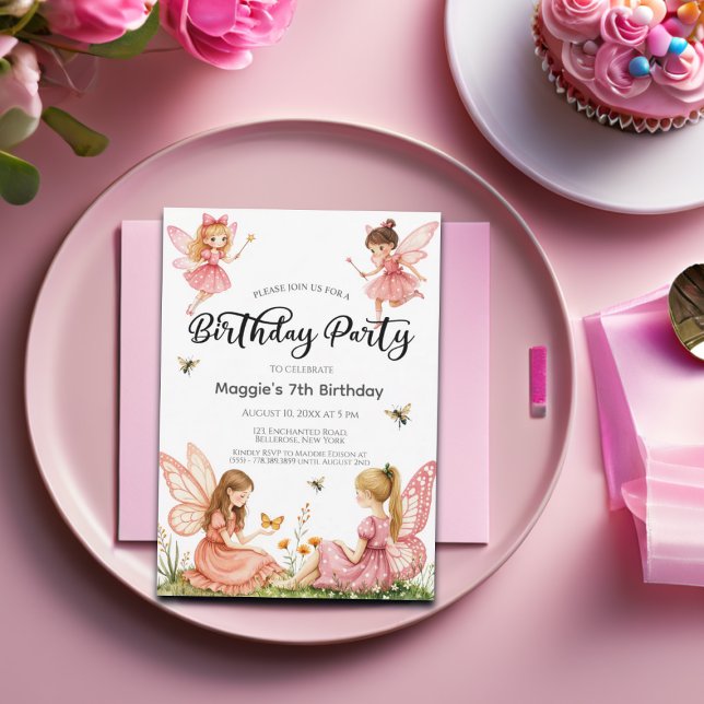 Invitación Pink Fairies Woodland Séptima fiesta de cumpleaños (Subido por el creador)