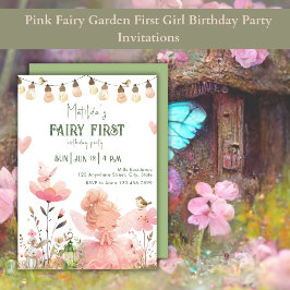 Invitación Pink Fairy Garden First Chica Birday Party