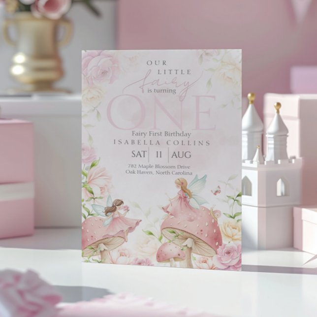 Invitación Pink Fairy Mushroom Floral Garden 1st Birthday  (Subido por el creador)