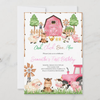 Invitación Pink Farm Animals Fiesta de cumpleaños