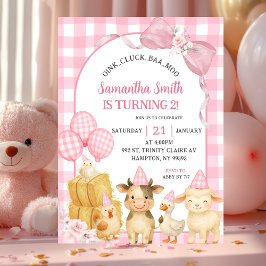 Invitación Pink Farm Animals Oink Cluck Baa Moo Birthday