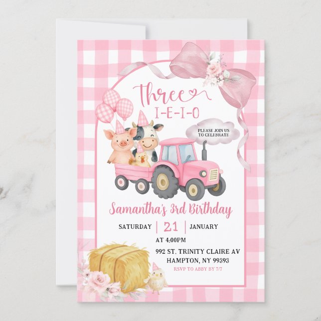 Invitación Pink Farm Animals Three-i-e-i-o Girl 3rd Birthday (Anverso)