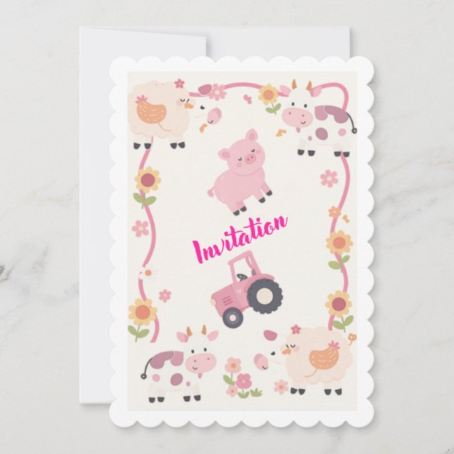 Invitación Pink Farm Birthday Invitation Template, Editable G (Anverso)