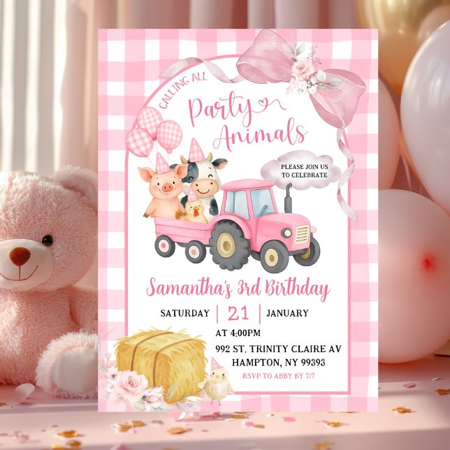Invitación Pink Farm Calling All Party Animals Girl Birthday (Subido por el creador)
