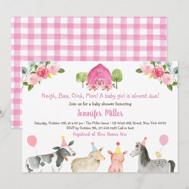 Invitación Pink Farm Floral Barnyard Baby Shower (Anverso / Reverso)