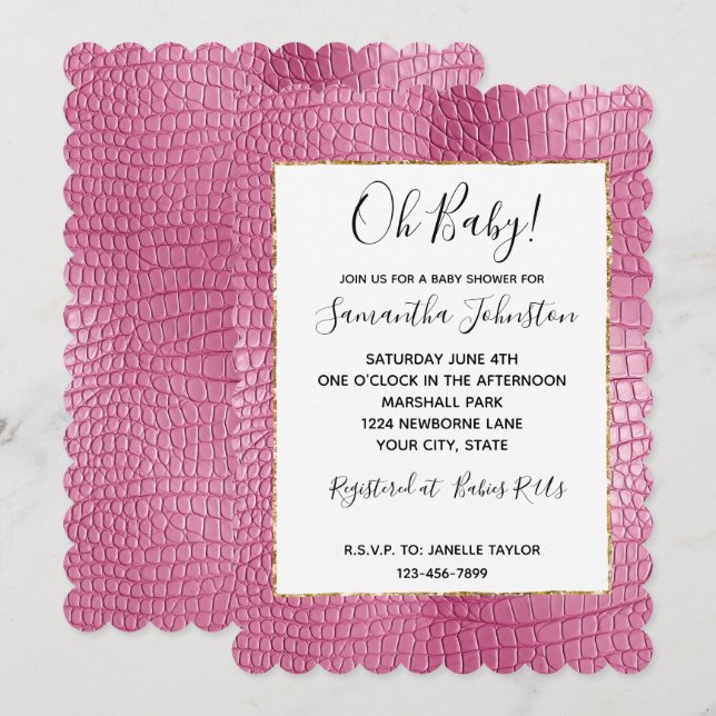 Invitación Pink Faux Alligator Animal Baby Shower (Anverso / Reverso)