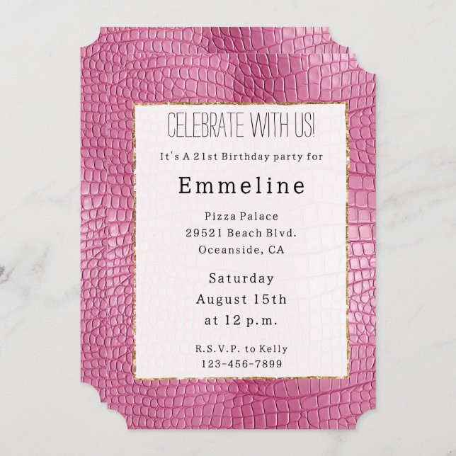 Invitación Pink Faux Alligator Animal Cumpleaños (Anverso / Reverso)