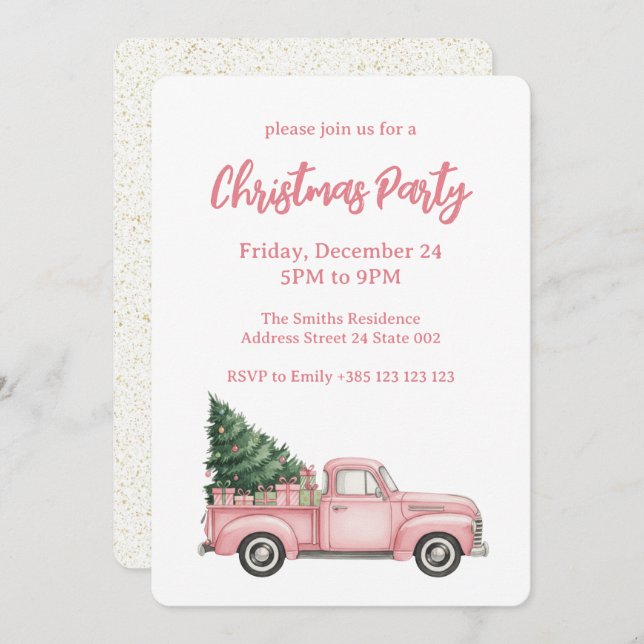 Invitación Pink Festive Christmas party (Anverso / Reverso)