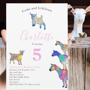 Invitación Pink, fiesta de cumpleaños de acuarela de cabras