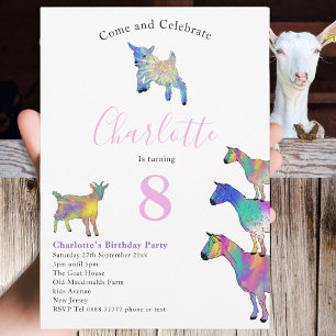 Invitación Pink, fiesta de cumpleaños de acuarela de cabras