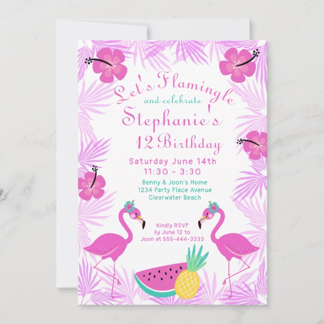 Invitación Pink, fiesta de cumpleaños "Let's Flamingle" (Anverso)