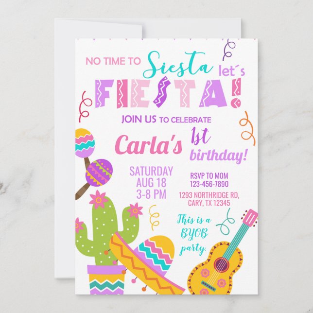 Invitación pink Fiesta girl birthday invitation, any age. (Anverso)