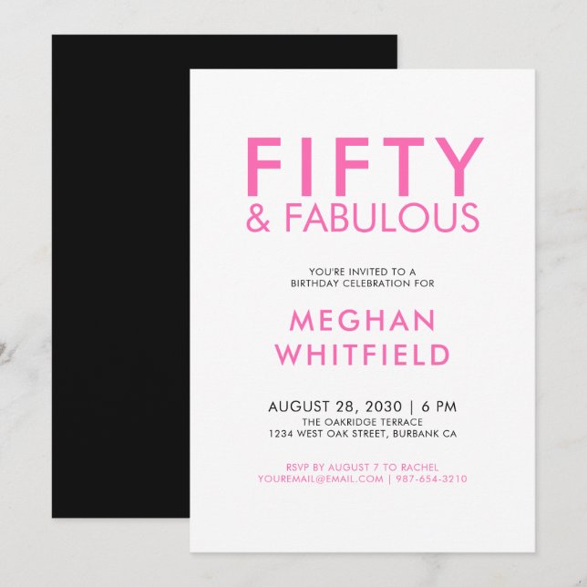 Invitación Pink Fifty and Fabulous 50th Birthday Party (Anverso / Reverso)