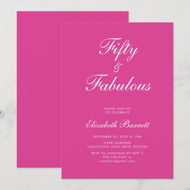 Invitación Pink Fifty and Fabulous Script 50th Birthday Party (Anverso / Reverso)