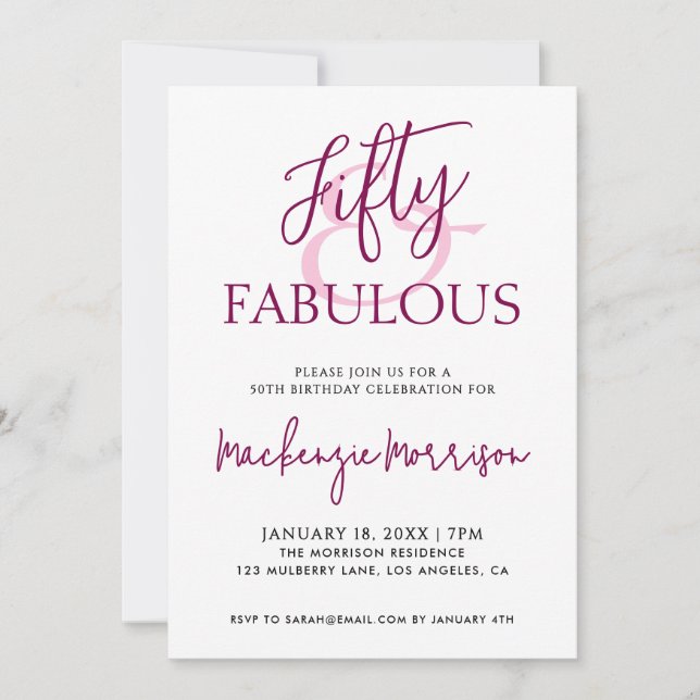 Invitación Pink Fifty and Fabulous Script Birthday Party (Anverso)