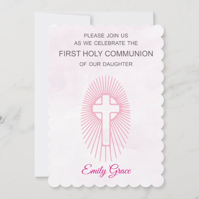 Invitación Pink First Holy Communiation Cross Rays (Anverso)