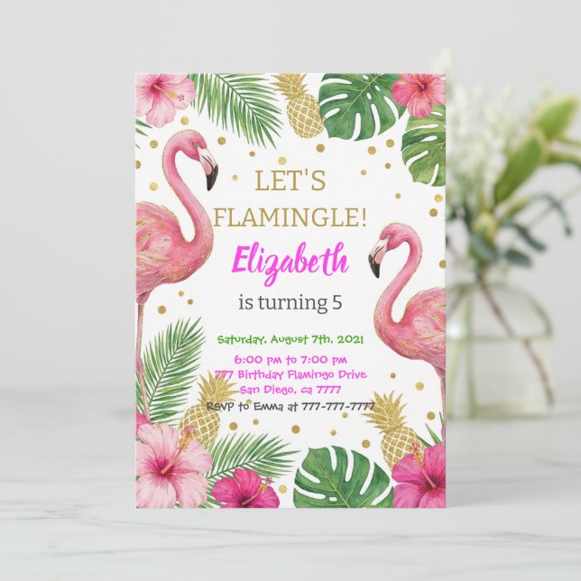 Invitación Pink Flamingo Pool Birthday Party (Anverso de pie)
