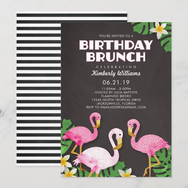 Invitación Pink Flamingos Birday Brunch Chalkboard (Anverso / Reverso)
