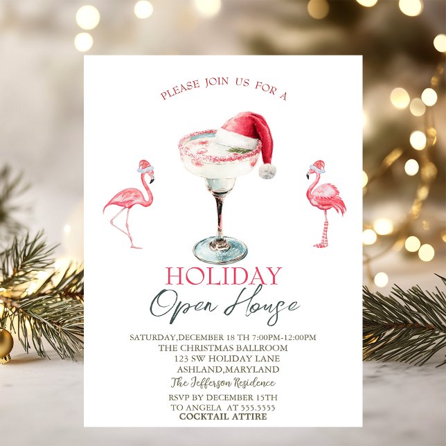 Invitación Pink Flamingos Cocktail Santa Hat Open House  (Subido por el creador)