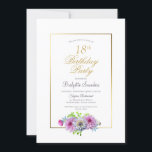 Invitación Pink Floral 18th Birthday Party<br><div class="desc">Invitación a los 18 años de color rosa y azul floral bordeada de oro.</div>