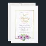 Invitación Pink Floral 18th Birthday Party<br><div class="desc">Invitación a los 18 años de color rosa y azul floral bordeada de oro.</div>