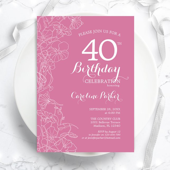 Invitación Pink Floral 40.º Fiesta de cumpleaños (Subido por el creador)