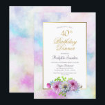 Invitación Pink Floral 40th Birthday Dinner<br><div class="desc">Una invitación a cenar con flores azules y rosas por los 40 años,  con un borde de color agua dorado y pintado en tonos pastel.</div>