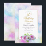 Invitación Pink Floral 40th Birthday Dinner<br><div class="desc">Una invitación a cenar con flores azules y rosas por los 40 años,  con un borde de color agua dorado y pintado en tonos pastel.</div>