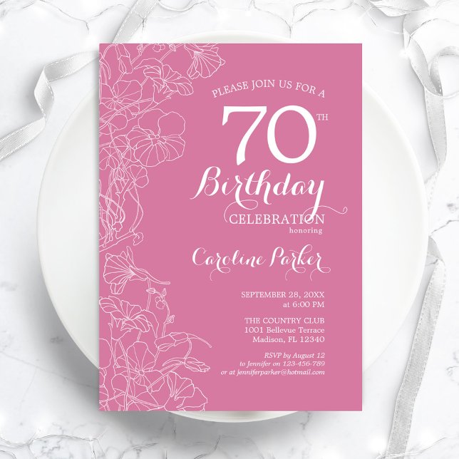 Invitación Pink Floral 70th Birthday Party (Subido por el creador)