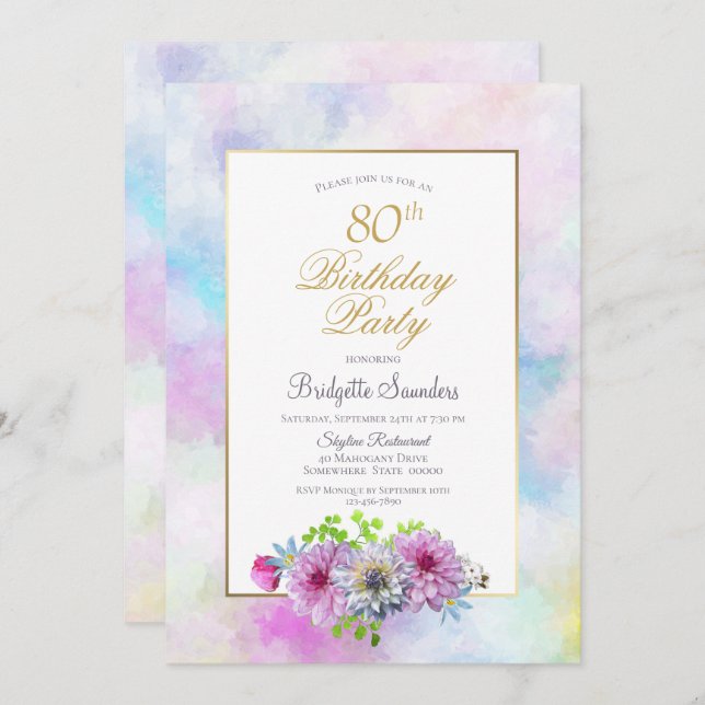 Invitación Pink Floral 80 cumpleaños (Anverso / Reverso)