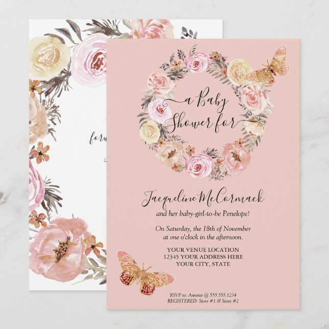 Invitación Pink Floral acuarela mariposa mariposa chica (Anverso / Reverso)
