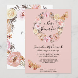 Invitación Pink Floral acuarela mariposa mariposa chica