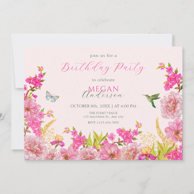 Invitación Pink Floral acuarela tropical cumpleaños (Anverso)