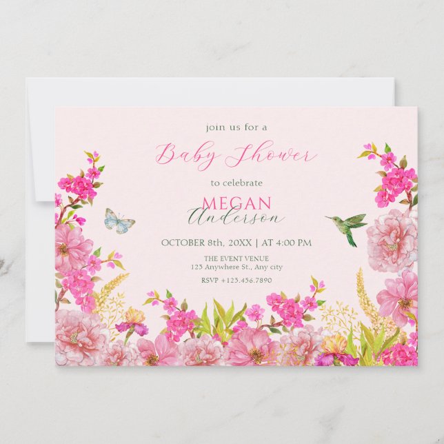 Invitación Pink Floral acuarela tropical de la ducha de bebé (Anverso)