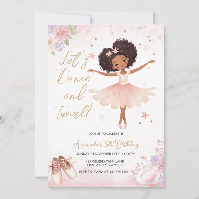 Invitación Pink Floral African America Ballerina Birthday (Anverso)