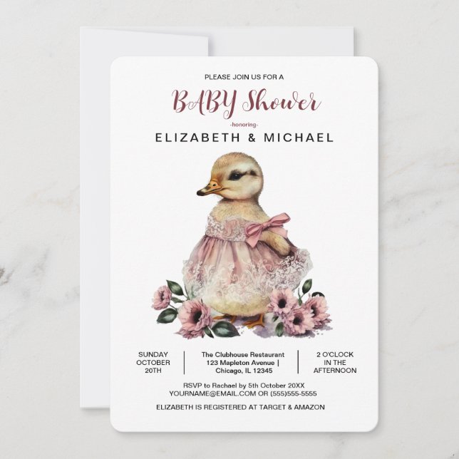 Invitación Pink Floral Baby Duck Baby Shower para Chica (Anverso)