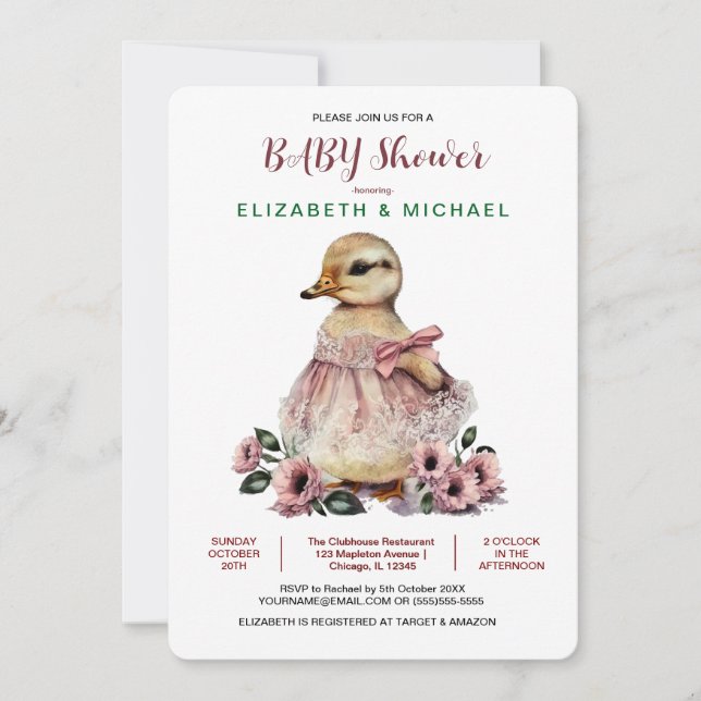 Invitación Pink Floral Baby Duck Baby Shower para Chica (Anverso)