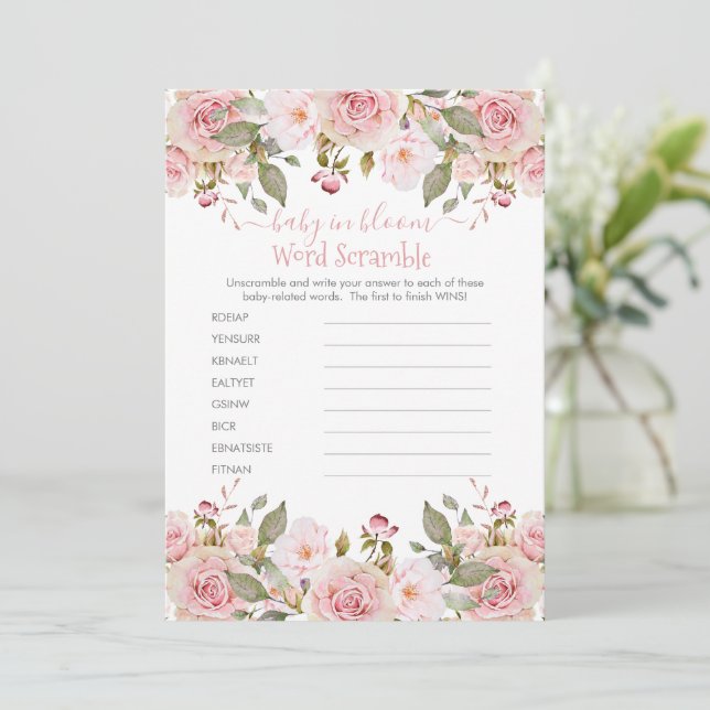 Invitación Pink Floral Baby Shower Word Scramble Game Card (Anverso de pie)