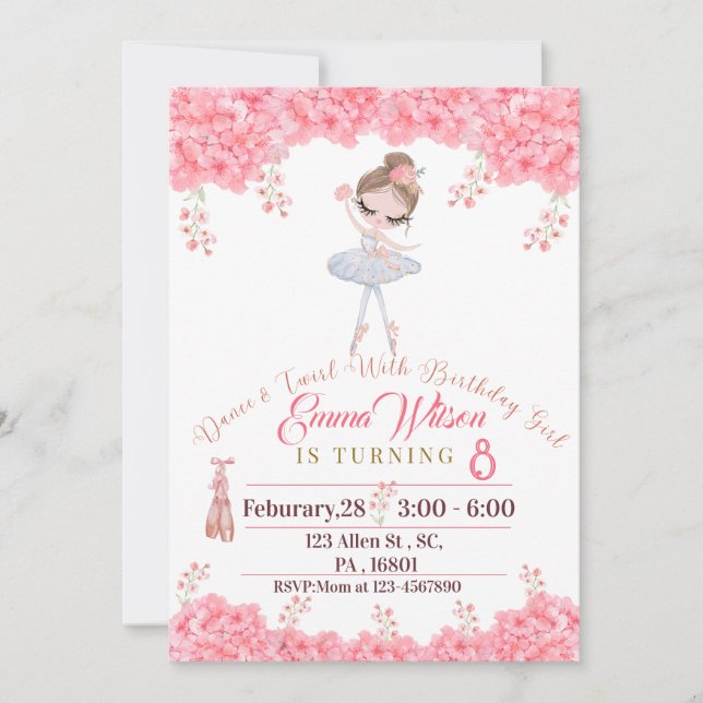 Invitación Pink Floral Ballerina Doll Birthday (Anverso)