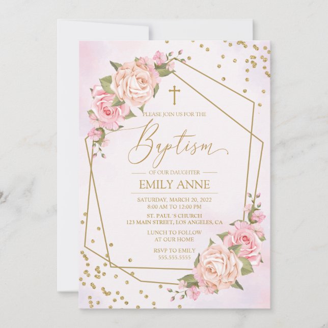 Invitación Pink Floral Baptism Invitation (Anverso)