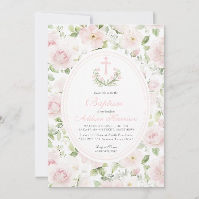 Invitación Pink floral Baptism Invitation, Girl Baptism,  (Anverso)