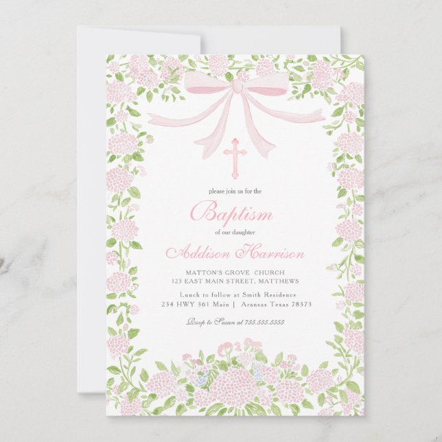 Invitación Pink floral Baptism Invitation, Girl Baptism,  (Anverso)