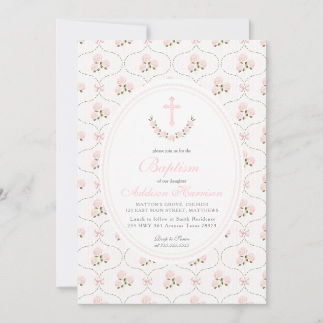 Invitación Pink floral Baptism Invitation, Girl Baptism,  (Anverso)