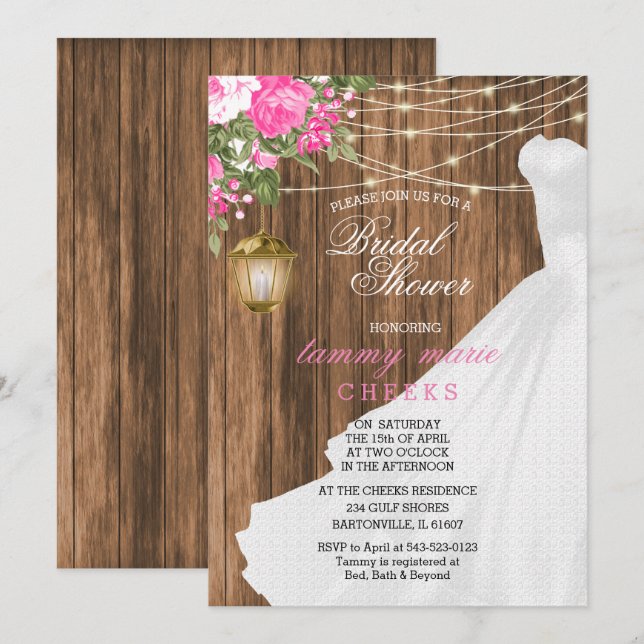 Invitación Pink Floral Barn Wood Bridal Shower (Anverso / Reverso)