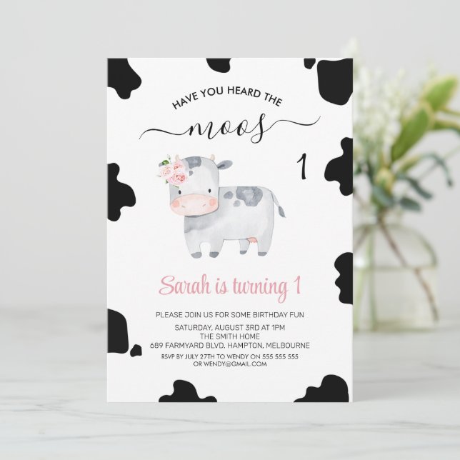 Invitación Pink Floral Black Gray Cow Imprimir Cumpleaños (Anverso de pie)