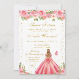 Invitación Pink Floral Blonde Hair Princess Sweet Sixteen
