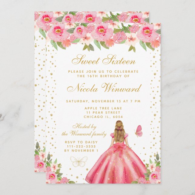 Invitación Pink Floral Blonde Hair Princess Sweet Sixteen (Anverso / Reverso)