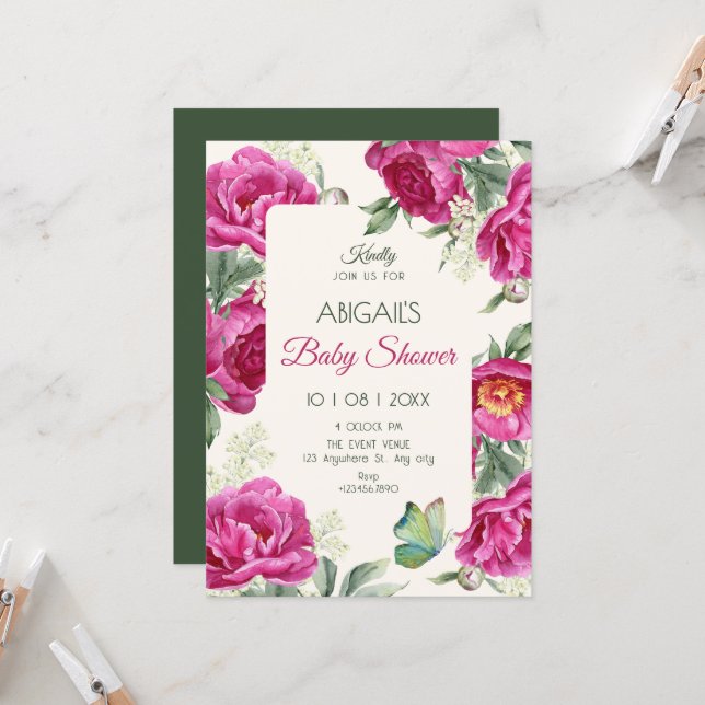 Invitación Pink floral bloom baby shower (Anverso/Reverso In Situ)